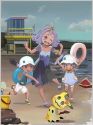 1boy 2girls :3 :d acerola_(pokemon) armlet beach blue_eyes bright_pupils collarbone creatures_(company) dress elite_four flat_chest flipped_hair full_body game_freak gen_7_pokemon hair_ornament half_updo highres holding jewelry mimikyu multiple_girls nintendo open_mouth outdoors pokemon pokemon_(creature) pokemon_sm preschooler_(pokemon) purple_hair sandals short_hair smile stitches toenails topknot torn_clothes torn_dress tr3ratna trial_captain