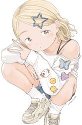 1girl absurdres ankle_socks artist_name blonde_hair blush brown_eyes denim denim_shorts dot_nose fingernails forehead from_above hair_ornament head_tilt highres jeans looking_at_viewer nagomurasan original pants parted_lips shirt shoes short_hair shorts signature simple_background single_bare_shoulder sneakers socks solo squatting star_(symbol) star_hair_ornament sticker sticker_on_clothes strap v wavy_hair white_background white_shirt white_socks