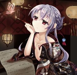 Rule 34 | 1girl, alternate costume, animal print, blue hair, blush, braid, bug, butterfly, butterfly print, cherry blossom print, closed mouth, collarbone, commentary request, crown braid, expressionless, floral print, floral print kimono, hair between eyes, hair bun, hair ornament, hair ribbon, hair stick, hand up, holding, holding smoking pipe, indoors, insect, japanese clothes, kar0karokar0, kimono, lantern, long hair, long sleeves, looking at animal, oiran, paper, paper lantern, pink butterfly, print kimono, red eyes, red ribbon, ribbon, sidelocks, single hair bun, smoking pipe, solo, sorakado ao, summer pockets, upper body, wide sleeves