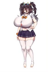 Rule 34 | 1girl, black hair, breasts, button gap, choker, full body, gigantic breasts, haitai umita, highres, horns, huge breasts, long hair, original, pleated skirt, pointy ears, purple eyes, school uniform, scrunchie, shirt, simple background, skirt, solo, thick thighs, thighhighs, thighs, toeless legwear, twintails, white background, white shirt, white thighhighs