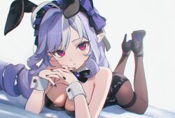 Rule 34 | 1girl, animal ears, bare shoulders, black bow, black bowtie, black leotard, black nails, black shoes, blush, bow, bowtie, breasts, brown pantyhose, chromatic aberration, commentary, curly hair, fingernails, gem, hair ribbon, high heels, highres, large breasts, leotard, long hair, looking at viewer, lying, mole, mole under eye, multicolored hair, nail polish, on stomach, pantyhose, pink eyes, playboy bunny, pointy ears, poki (j0ch3fvj6nd), purple gemstone, purple hair, purple ribbon, rabbit ears, ribbon, shoes, solo, strapless, strapless leotard, streaked hair, vivian banshee, white background, white wrist cuffs, wrist cuffs, zenless zone zero
