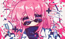 1girl black-framed_eyewear black_sweater closed_mouth colored_eyelashes dot_mouth dot_nose expressionless fingernails glasses hair_between_eyes halftone happy_tree_friends head_tilt highres holding holding_syringe holding_tweezers jacket lapels layered_sleeves long_hair long_sleeves looking_at_viewer mole mole_under_eye notched_lapels omoyu_(nakyu715) open_clothes open_jacket personification pink_eyes pink_hair portrait simple_background sleeves_past_wrists solo sweater syringe the_mole_(happy_tree_friends) turtleneck turtleneck_sweater tweezers white_jacket