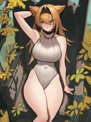 1girl animal_ears arknights arm_behind_head bare_shoulders black_hairband blonde_hair breasts chair covered_collarbone covered_navel distr from_above glaring grey_one-piece_swimsuit hairband highleg highleg_springsuit highres horn_(arknights) horn_(to_effloresce_whitely)_(arknights) ivy jewelry large_breasts looking_at_viewer messy_hair necklace official_alternate_costume on_chair one-piece_swimsuit sketch sketch_background solo springsuit striped_clothes striped_one-piece_swimsuit swimsuit vegetation vertical-striped_clothes vertical-striped_one-piece_swimsuit wolf_ears wolf_girl
