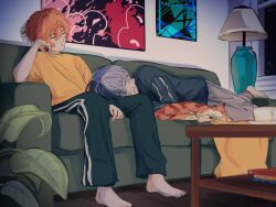 Rule 34 | 2boys, animal, aoyagi touya, arm support, arm up, barefoot, between legs, black pants, blanket, blue hair, closed eyes, couch, covering own mouth, cup, desk lamp, dvd case, grey pants, hair between eyes, half-closed eyes, hand between legs, hand on own face, hand to own mouth, highres, indoors, lamp, lap pillow, long sleeves, looking to the side, lying, male focus, multicolored cat, multicolored hair, multiple boys, night, night sky, on stomach, orange cat, orange fur, orange hair, pants, plant, poster (object), potted plant, project sekai, saucer, shinonome akito, shirt, sky, sleeping, sleepy, star (sky), striped clothes, striped fur, striped pants, striped shirt, sweatpants, t-shirt, table, touyaluvrr, two-tone hair, vertical-striped clothes, vertical-striped pants, vertical-striped shirt, window, yellow blanket, yellow eyes, yellow shirt