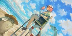 1girl :3 alternate_costume beach blue_sky breasts bun_cover chest_sarashi cleavage cloud commentary cup day dragon drinking drinking_straw drinking_straw_in_mouth eastern_dragon english_commentary fang fang_out fjsmu floral_print game_cg green_scales green_shirt hat highres holding holding_cup ibaraki_kasen ibaraki_kasen_(hermit_taking_a_breather) koutei_(touhou) lifebuoy lifeguard_chair manzairaku mukou_(touhou) ocean official_art outdoors pink_eyes pink_hair print_shirt raijuu sarashi seal_(animal) shirt shoes short_sleeves sitting sky smile solo straw_hat swim_ring third-party_source touhou touhou_lostword visor_cap