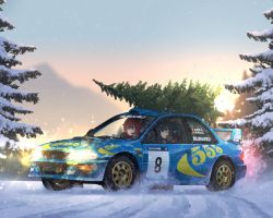 2girls amai_(jestami) aria_(jestami) black_hair blue_eyes blurry brown_hair car character_name commentary depth_of_field drifting driving english_commentary forest headset highres jestami lens_flare motor_vehicle multiple_girls nature original overalls race_vehicle racecar rally_car red_eyes sideways snow sports_car subaru_(brand) subaru_impreza subaru_wrx vehicle_focus winter