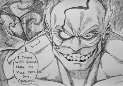 Rule 34 | 1boy, absurdres, balding, chronozbergh, conquest (invincible), crossover, cube, english text, evil grin, evil smile, facial hair, greyscale, grin, highres, i think we&#039;re gonna have to kill this guy steven (meme), invincible (series), meme, monochrome, muscular, muscular male, mustache, pen (medium), scar, scar across eye, scar on face, short hair, smile, traditional media, v-shaped eyebrows, wakfu