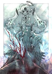 1boy 1girl aged_down artist_name blood blood_on_clothes blood_splatter crying crying_with_eyes_open dragon dragon_boy dragon_tail ice icejade_aegirine icicle long_hair looking_at_person looking_down nacht_7810 stab swordsoul_(yu-gi-oh!) swordsoul_strategist_longyuan tail teardrop tears twitter_username yu-gi-oh!