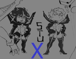 Rule 34 | ?, alternate ass size, alternate breast size, alternate costume, alternate legwear, annoyed, black hair, black skirt, breasts, cosplay, croix meridies, crossover, greyscale, hair between eyes, high heels, kill la kill, little witch academia, matoi ryuuko, matoi ryuuko (cosplay), miniskirt, monochrome, open clothes, open mouth, revealing clothes, self-upload, senketsu, side-eyed, skirt, spoken question mark, strap, studentgakaarts, thick thighs, thigh strap, thighhighs, thighs, underboob, x