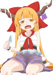 1girl bow bowtie breasts brown_horns commentary_request fang feet_out_of_frame food hair_bow highres holding holding_food holding_popsicle horn_bow horn_ornament horns hot ibuki_suika kurohiba long_hair looking_at_viewer melting_popsicle open_mouth orange_hair popsicle purple_bow purple_skirt red_bow red_bowtie shirt sidelocks simple_background sitting skin_fang skirt sleeveless sleeveless_shirt small_breasts solo sweat touhou very_long_hair white_background white_shirt yellow_eyes