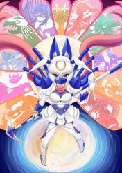 4girls 6+boys alternate_eye_color apollomon armor bacchusmon blue_hair ceresmon ceresmon_medium colored_skin dianamon digimon digimon_(creature) double_blade gauntlets hair_between_eyes helmet highres holding holding_scythe junomon jupitermon marsmon mercurymon minervamon multiple_boys multiple_girls neptunemon pink_eyes pink_scarf scarf scythe solo_focus venusmon vulcanusmon white_armor white_helmet white_skin yveltalvee