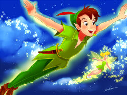 1boy 1girl bare_shoulders blonde_hair blue_eyes breasts brown_hair dress fairy fairy_wings feathers fly_agaric green_dress green_shoes green_tunic hair_bun hat_feather koonago looking_at_viewer mini_person minigirl mushroom nyamunekonabe pointy_ears red_feathers shoes short_hair single_hair_bun smile strapless strapless_dress tinker_bell_(disney) tunic walt_disney&#039;s_peter_pan wings
