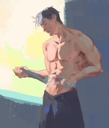 1boy abs bandages batman_(series) black_hair black_pants blood bloody_bandages chapter_34 closed_mouth collarbone cowboy_shot dc_comics groin highres holding_bandages injury jason_todd looking_down male_focus nipples pants parted_bangs pectorals short_hair solo standing toned toned_male topless_male