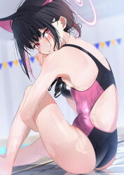 1girl absurdres alternate_costume animal_ears ass back back_cutout black_hair blue_archive blush cat_ears cat_girl closed_mouth clothing_cutout colored_inner_animal_ears colored_inner_hair commentary_request extra_ears from_behind full_body goggles halo hand_on_own_cheek hand_on_own_face highres kazu_(kauk3753) kazusa_(blue_archive) looking_at_viewer looking_back multicolored_hair one-piece_swimsuit pink_hair pink_halo pout red_eyes short_hair sitting solo swim_goggles swimsuit thighs two-tone_hair wet