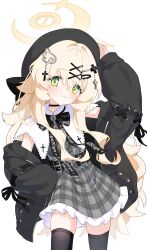 1girl absurdres beret black_bow black_bowtie black_coat blonde_hair blue_archive blush bow bowtie closed_mouth coat fluffy_hair green_eyes hair_ornament halo hat highres long_hair looking_at_viewer open_clothes open_coat professor_niyaniya_(blue_archive) simple_background skirt smile solo thighhighs very_long_hair white_background yellow_halo yorshka517