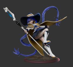 1girl 3d absurdres black_background black_hat black_skirt black_socks blue_eyes blue_hair braid brown_cloak cloak eyebrows_hidden_by_hair figure flat_chest full_body grey_shirt hair_between_eyes hat highres holding holding_staff jacket large_hat long_hair looking_to_the_side mage_staff mushoku_tensei open_mouth remtoto roxy_migurdia shadow shirt simple_background skirt socks solo staff teeth twin_braids upper_teeth_only very_long_hair white_footwear white_jacket witch_hat zbrush_(medium)