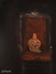 :3 animal animal_ears bad_tag black_background chair chiikawa closed_mouth commentary dark elbow_rest english_commentary frpunkjack highres holding horror_(theme) looking_at_viewer night no_humans oil_painting_(medium) painting_(medium) rabbit rabbit_ears sitting solo thinking throne traditional_media twintails usagi_(chiikawa) yellow_fur