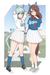 2girls absurdres animal_ears aqua_eyes baseball_field black_shoes blue_shirt blue_socks blush border bow breasts brown_hair closed_mouth commentary_request ear_bow ear_covers green_bow grey_hair grey_shoes grin hair_ornament hairclip highres horse_ears horse_girl king_halo_(umamusume) layered_sleeves long_hair long_sleeves los_angeles_dodgers medium_breasts mini_pekoe multicolored_shoes multiple_girls nike_(company) pleated_skirt seiun_sky_(umamusume) shirt shoes short_hair short_over_long_sleeves short_sleeves single_ear_cover skirt smile sneakers socks two-tone_shoes umamusume white_shoes white_skirt
