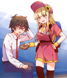 1boy 1girl absurdres averting_eyes backpack bag bags_under_eyes ballpark_de_tsukamaete! baseball_cap belt black_belt black_hair black_thighhighs blonde_hair blue_bag blue_pants blunt_bangs blush collared_shirt commentary contrast_collar earclip employee_uniform fang flower hair_flower hair_ornament hand_on_own_head hand_on_own_hip hat highres holding holding_wallet long_hair long_sleeves looking_to_the_side messy_hair miniskirt murata_koutarou name_tag necktie nyaa_(nnekoron) pants pink_hat pink_shirt pink_skirt red_necktie ruriko_(ballpark_de_tsukamaete!) shirt sidelocks sitting skin_fang skirt stadium sun_print sunflower sunflower_hair_ornament thighhighs uriko_(baseball) wallet white_shirt yellow_eyes