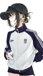 1girl 55rstomdn1qqj6x baseball_cap black_hair black_hat black_shorts blonde_hair can drink_can ear_piercing eyewear_on_head full-length_zipper hat highres holding holding_can idolmaster idolmaster_shiny_colors ikaruga_luca jewelry long_sleeves medium_hair multicolored_hair piercing shorts simple_background solo streaked_hair sweater turtleneck turtleneck_sweater two-tone_hair white_background yellow_eyes zipper