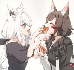 2girls animal_ear_fluff animal_ears black_choker black_hair black_hoodie black_shirt bread_bun choker closed_eyes commentary_request feeding food fox_ears fox_girl from_side green_eyes hair_ribbon highres holding holding_food hololive hood hood_down hoodie light_blush low_twintails mia960 multicolored_hair multiple_girls official_alternate_costume ookami_mio ookami_mio_(casual) open_mouth red_streaks ribbon shirakami_fubuki shirakami_fubuki_(loungewear) shirt sidelocks streaked_hair t-shirt twintails two-tone_hoodie upper_body virtual_youtuber wavy_hair white_background white_hair white_hood wolf_ears wolf_girl