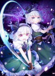 2girls ascot black_ascot black_hairband black_ribbon blue_eyes cherry_blossoms closed_mouth collared_shirt dual_persona falling_petals frilled_skirt frills green_skirt green_vest hacko hair_ribbon hairband hitodama_print holding holding_sword holding_weapon konpaku_youmu looking_at_viewer multiple_girls open_mouth petals puffy_short_sleeves puffy_sleeves red_eyes ribbon shirt short_hair short_sleeves skirt sword touhou tree v-shaped_eyebrows vest weapon white_hair white_shirt