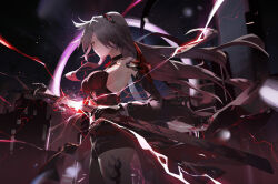 1girl absurdres acheron_(honkai:_star_rail) armor belt black_belt black_choker black_coat black_gloves black_hole black_shorts black_sleeves breasts bright_pupils choker coat coattails commentary detached_sleeves drawing_sword electricity floating_hair from_side gloves grey_hair hair_ornament hair_over_one_eye highres holding holding_sword holding_weapon honkai:_star_rail honkai_(series) katana leg_tattoo looking_at_viewer medium_breasts night night_sky official_alternate_color outdoors parted_lips red_eyes scabbard sheath shin_oooooo shorts shoulder_armor sky solo sword tattoo unsheathing weapon white_pupils