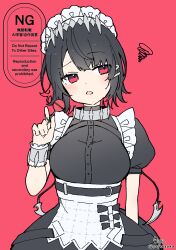 Rule 34 | 1girl, absurdres, black dress, black hair, breasts, candy, commentary, dress, ellen joe, food, hair ornament, hairclip, hand up, highres, holding, holding candy, holding food, holding lollipop, lollipop, medium breasts, multicolored hair, open mouth, puffy short sleeves, puffy sleeves, red background, red eyes, red hair, short hair, short sleeves, signature, simple background, sofra, solo, squiggle, twitter username, two-tone hair, watermark, zenless zone zero