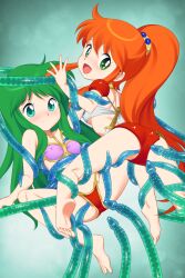 2girls arm_up armor ass ayanokouji_rem barefoot bikini bikini_armor blush breasts caron_(rall) commentary_request commission commissioner_upload consensual_tentacles covered_erect_nipples crossover dream_hunter_rem feet fugetsu_taku green_eyes green_hair highres imminent_anal imminent_penetration imminent_vaginal kneepits leg_grab legs long_hair looking_back multiple_girls open_mouth orange_hair pink_bikini ponytail red_bikini restrained sf_choujigen_densetsu_rall skeb_commission small_breasts smile soles spread_legs suspension swimsuit tentacles tentacles_under_clothes thighs toes trait_connection white_bikini