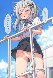 1girl black_ribbon black_skirt blue_bow blue_bowtie blue_sky blush bow bowtie breasts censored closed_eyes cloud commentary_request day gluteal_fold grey_hair groin hair_ribbon hekomii highres light_censor long_hair medium_breasts miniskirt on_rooftop open_mouth original outdoors paid_reward_available panties panty_pull pee peeing plaid_bow plaid_bowtie plaid_clothes pleated_skirt red_eyes ribbon school_uniform shirt short_sleeves skirt sky solo speech_bubble standing thought_bubble translation_request underwear white_panties white_shirt