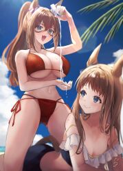 2girls absurdres animal_ears beach bikini blue_eyes breasts brown_hair cleavage cloud el_condor_pasa_(umamusume) grass_wonder_(umamusume) hair_ornament highres horse_ears horse_girl horse_tail kitsune_yuki large_breasts long_hair looking_at_another lying mask multiple_girls on_stomach open_mouth outdoors palm_tree ponytail pouring red_bikini sky small_breasts swimsuit tail tree umamusume underboob