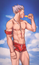 1boy black_hair bokuto_koutarou bracelet cloud food from_side haikyuu!! highres holding holding_food holding_popsicle jewelry limach-an male_focus male_swimwear multicolored_hair muscular muscular_male popsicle red_swim_trunks roots_(hair) short_hair sky solo standing streaked_hair swim_trunks thighs two-tone_hair whistle whistle_around_neck white_hair