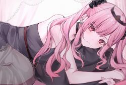 1girl black_choker black_nightgown black_scrunchie black_tiara blush breasts choker closed_mouth curtains earrings face_in_pillow fingernails hair_ornament hair_scrunchie hashtag-only_commentary highres hololive hololive_english jewelry large_breasts long_hair looking_at_viewer lying mori_calliope mori_calliope_(sleepwear) nail_polish nightgown pillow pink_eyes pink_hair pink_nails scrunchie skull_choker skull_earrings skull_print solo thighs tiara twintails virtual_youtuber yuru._(m29125567)
