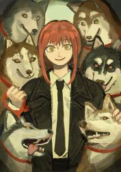 Rule 34 | 1girl, braid, chainsaw man, collared shirt, formal clothes, highres, holding, holding leash, husky, leash, long hair, looking at viewer, makima (chainsaw man), red hair, ringed eyes, shirt, shroomdraws, single braid, smile, solo, spotlight, white shirt