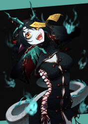 Rule 34 | 1girl, absurdres, arknights, black dress, black hair, blood, breasts, chinese commentary, cleavage, cleavage cutout, clothing cutout, colored extremities, commentary, cowboy shot, cross-laced clothes, cross-laced dress, dragon girl, dragon horns, dragon tail, dress, dusk (arknights), energy, fingernails, ghosty (xiaobai), highres, hitodama, horns, jiangshi, large breasts, long fingernails, long hair, long sleeves, looking at viewer, making-of available, navel cutout, no panties, ofuda, ofuda on head, open mouth, orange eyes, pale skin, procreate (medium), sharp fingernails, solo, standing, tail, wide sleeves