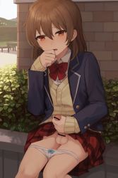 Rule 34 | 1boy, anonymous crossdresser, bar censor, blazer, bow, bow panties, brown hair, cardigan, censored, check commentary, collared shirt, commentary request, crossdressing, crossdressing (mtf), crotch seam, erection, hair between eyes, highres, jacket, male masturbation, masturbation, open mouth, orange eyes, original, outdoors, panties, penis, pleated skirt, precum, public indecency, public masturbation, red bow, red skirt, school uniform, shirt, sitting, skirt, solo, sunaba (nczd5875), trap, underwear, white panties, white shirt
