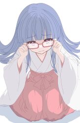 1girl adjusting_eyewear alternate_costume bespectacled blue_hair blunt_bangs closed_mouth embarrassed full_body furude_rika glasses hakama hakama_skirt highres higurashi_no_naku_koro_ni japanese_clothes kimono long_hair long_skirt long_sleeves looking_at_viewer miko pink_eyes red-framed_eyewear red_skirt sitting skirt solo umeyanenne wariza wavy_mouth white_kimono wide_sleeves