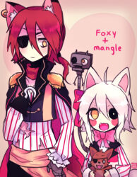 Rule 34 | 1boy, 1girl, animal ears, bad id, bad tumblr id, black cape, black vest, bow, cape, commentary, cowboy shot, english commentary, eyepatch, fangs, five nights at freddy&#039;s, five nights at freddy&#039;s 2, fox ears, foxy (fnaf), hair bow, heterochromia, hook hand, long hair, low ponytail, lulu-999, mangle, medium hair, missing eye, open mouth, personification, pink bow, ponytail, red hair, shirt, smile, striped clothes, striped shirt, vest, white hair, yellow eyes
