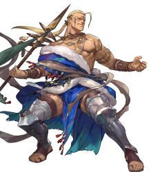 1boy armlet bare_pectorals blonde_hair dark-skinned_male dark_skin facial_tattoo fighting_stance fire_emblem fire_emblem:_the_binding_blade fire_emblem_heroes full_body fur_trim gold_necklace hawkeye_(fire_emblem) highres holding holding_polearm holding_weapon jewelry lance large_pectorals leg_armor long_hair male_focus muscular muscular_male necklace nintendo nipples non-web_source official_art pectorals polearm ponytail sandals so-taro tattoo thick_thighs thighs toes transparent_background weapon