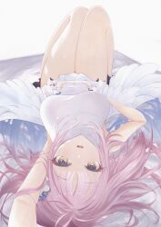 0tmz4_09 1girl :o absurdres armpits bare_legs blue_archive breasts commentary_request dress feathered_wings gradient_hair hair_spread_out highres knees_up long_hair looking_at_viewer lying medium_breasts mika_(blue_archive) multicolored_hair on_back pink_hair selfie solo upside-down very_long_hair white_dress white_wings wings