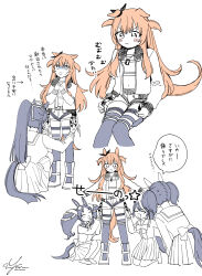 5girls ^_^ absurdres anger_vein animal_ears blush boots closed_eyes clothing_cutout crop_top dog_tags ears_down gloom_(expression) highres horse_ears horse_girl horse_tail invisible_chair jacket kneeling long_hair long_sleeves marvelous_sunday_(umamusume) mayano_top_gun_(umamusume) motion_lines multiple_girls multiple_views narita_brian_(umamusume) navel nice_nature_(umamusume) open_clothes open_jacket orange_hair own_hands_together ponytail pout sailor_collar school_uniform signature sitting skirt speech_bubble spot_color squatting standing sweatdrop tail tail_through_clothes thighhighs tokai_teio_(umamusume) tracen_school_uniform translation_request twintails twitter_username two_side_up umamusume v-shaped_eyebrows white_background yonu_(yonurime)