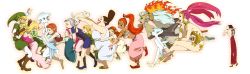 1boy 6+girls aged_down aged_up anju_(zelda) belt blonde_hair boots brown_hair dog dress dual_persona earrings fado_(ocarina_of_time) gerudo gloves great_fairy_(zelda) green_hair hairband hat highres hug impa jewelry link long_hair long_image malon multiple_girls nabooru navi nintendo otton pink_hair pointy_ears ponytail princess_ruto princess_zelda red_eyes red_hair saria_(zelda) silver_hair skirt the_legend_of_zelda the_legend_of_zelda:_ocarina_of_time tunic twinrova wide_image zora