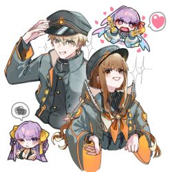 1boy 3girls anmochi_mochi bare_shoulders bb_(fate) bb_cosmo_(fate) bb_dubai_(fate) black_dress black_hat black_jacket black_sailor_collar black_shirt black_skirt blush braid braided_hair_rings breasts brown_eyes brown_hair chibi cleavage dress fate/grand_order fate_(series) gloves grey_gloves grey_sleeves grin hair_ribbon hair_rings hat highres jacket jewelry kishinami_hakuno_(female) kishinami_hakuno_(female)_(mooncancer) kishinami_hakuno_(male) kishinami_hakuno_(male)_(mooncancer) leotard long_hair long_sleeves looking_at_viewer multiple_girls neckerchief necklace orange_neckerchief orange_trim peaked_cap pink_leotard pink_ribbon puffy_long_sleeves puffy_sleeves purple_eyes purple_hair ribbon sailor_collar shirt short_hair shrug_(clothing) sidelocks skirt smile spacesuit twin_braids very_long_hair white_shirt yellow_ribbon