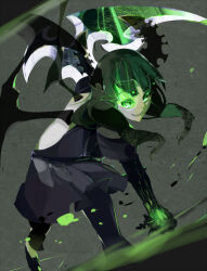 Rule 34 | 1girl, black dress, black leggings, black rock shooter, black wings, dead master, dress, eightman, fire, flaming eye, green eyes, green fire, horns, leggings, medium hair, pale skin, scythe, skeletal wings, solo, wings