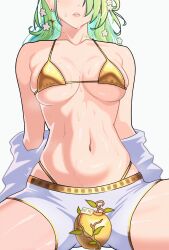 absurdres alternate_costume apple bikini branch breasts ceres_fauna collarbone earrings eat_me eyes_out_of_frame flower food fruit ginotty gold_bikini golden_apple green_hair hair_flower hair_ornament head_out_of_frame highres hololive hololive_english jewelry medium_breasts navel off_shoulder open_mouth shorts simple_background skindentation spread_legs sweat swimsuit thighhighs thong white_background white_flower white_shorts