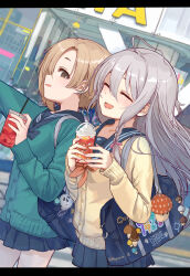 2girls absurdres ahoge bag black_sailor_collar black_skirt blue_bow blue_bowtie blurry blurry_background blush bow bowtie braid brown_eyes brown_hair cardigan charm_(object) closed_eyes collarbone cup disposable_cup drink drinking_straw dutch_angle ear_piercing floating_hair ghost green_cardigan grey_hair hair_between_eyes hair_ribbon highres holding holding_cup holding_drink hoshi_syoko idolmaster idolmaster_cinderella_girls idolmaster_cinderella_girls_starlight_stage kiichirou letterboxed long_hair long_sleeves looking_at_another miniskirt multiple_girls mushroom open_mouth orange_bow orange_bowtie outdoors piercing pink_ribbon pleated_skirt profile ribbon sailor_collar school_bag shirasaka_koume short_hair side_braid single_braid skirt smile storefront very_long_hair yellow_cardigan