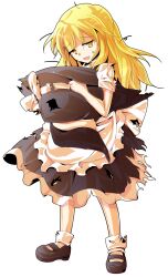 1girl apron black_dress black_shoes blonde_hair bow commentary_request dairi defeat dress full_body hat holding holding_unworn_clothes holding_unworn_hat kirisame_marisa large_variant_set long_hair looking_at_viewer shirt shoes short_sleeves socks solo sweatdrop tachi-e torn_clothes touhou transparent_background turtleneck unworn_hat unworn_headwear variant_set waist_apron white_bow white_socks yellow_eyes