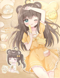 Rule 34 | 1girl, absurdres, ahoge, animal ears, bear ears, bear girl, blue eyes, blush, bow, bowtie, brown hair, chibi, chibi inset, closed eyes, collarbone, commentary request, commission, dress, eating, electric fan, food, frilled dress, frilled sleeves, frills, hand on own head, head on pillow, highres, holding, holding food, holding popsicle, hot, koguma yuno, long hair, lying, mike mochi, multiple views, on back, one eye closed, open mouth, original, pillow, popsicle, puffy short sleeves, puffy sleeves, short sleeves, skeb commission, sweat, watermark, yellow bow, yellow bowtie, yellow dress