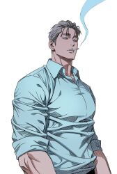 1boy blue_shirt chngtj cigarette collared_shirt commentary cowboy_shot grey_hair highres looking_to_the_side male_focus open_collar original parted_lips shirt short_hair sideburns sideways_glance simple_background sleeves_rolled_up smoke smoke_trail smoking solo white_background wing_collar