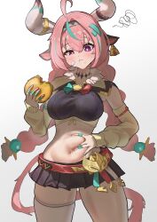 1girl absurdres ahoge animal_ears aqua_hair bandaid bandaid_on_cheek bandaid_on_face bell bell_earrings belly_grab black_skirt blush braid breasts burger closed_mouth commentary cow_ears cow_girl cow_horns cow_tail cowbell cowboy_shot crop_top detached_sleeves earrings eating food genshin_impact hair_between_eyes hair_ornament half-closed_eye highres holding holding_burger holding_food horns jewelry long_hair long_sleeves looking_at_viewer medium_breasts miniskirt multicolored_hair navel pink_hair pleated_skirt purple_eyes simple_background single_thighhigh skirt small_sweatdrop solo squiggle stomach streaked_hair sweat tail thighhighs thighs tora_(kumo_sakamoto) twin_braids varesa_(genshin_impact) white_background white_thighhighs wide_hips x_hair_ornament yellow_sleeves